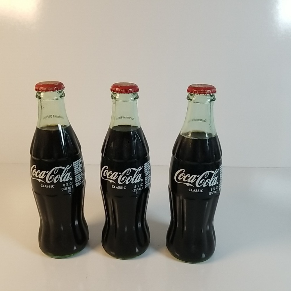 Lot of 3 Coca-Cola Centennial of Flight 1903-2003 8oz Green Bottles, 3 Full Coke